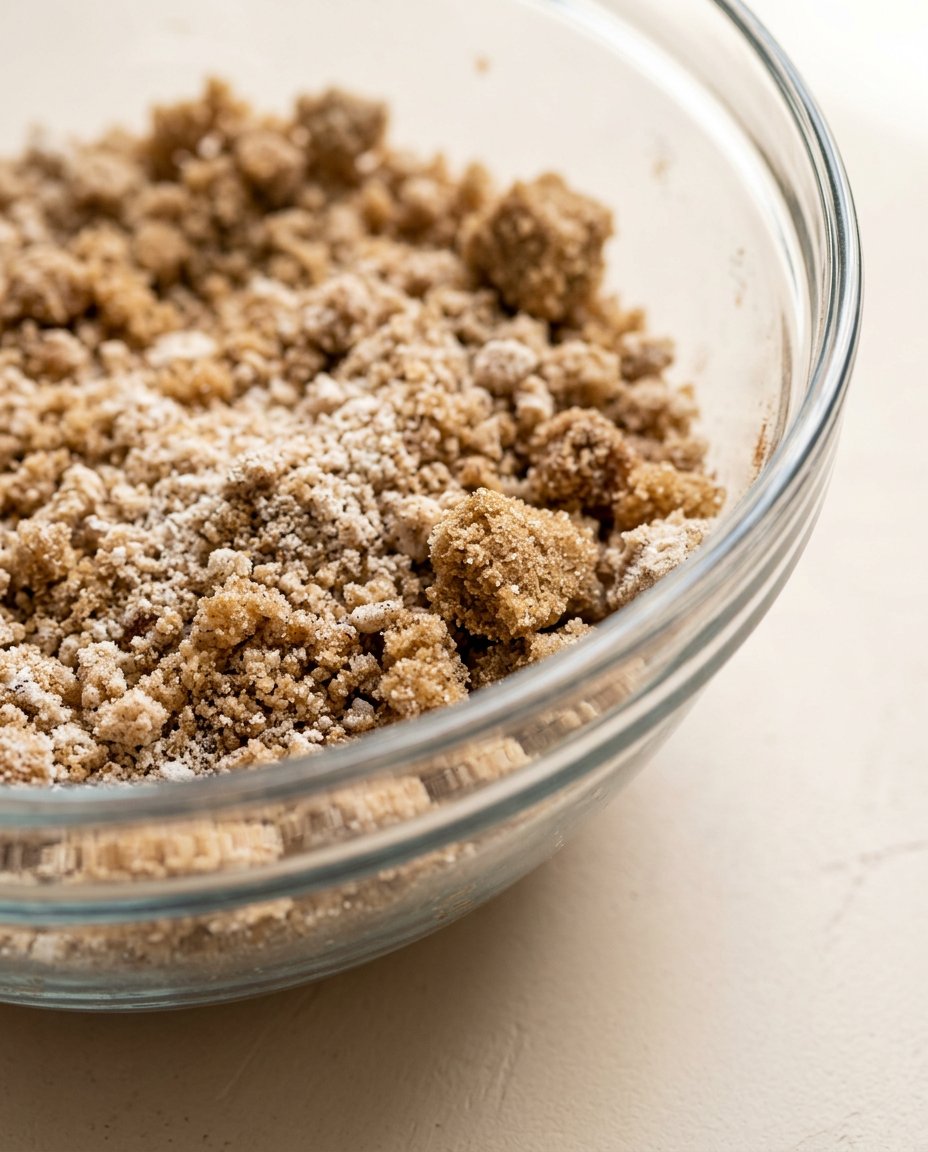 Peach Streusel Coffee Cake 14 Measured ingredients for peach streusel coffee cake arranged neatly in bowls on a marble countertop.