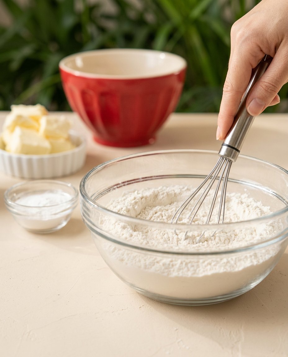 Measured dry and wet ingredients for Vanilla Pound Cake arranged on a counter.
