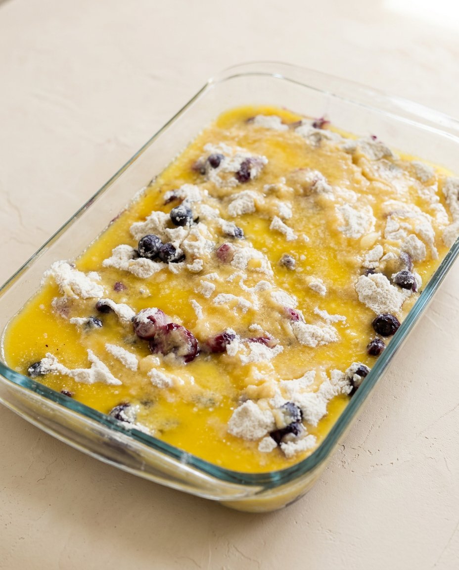 Drizzling liquid fat over the dry mix layer of a 3-Ingredient Blueberry Dump Cake before baking.