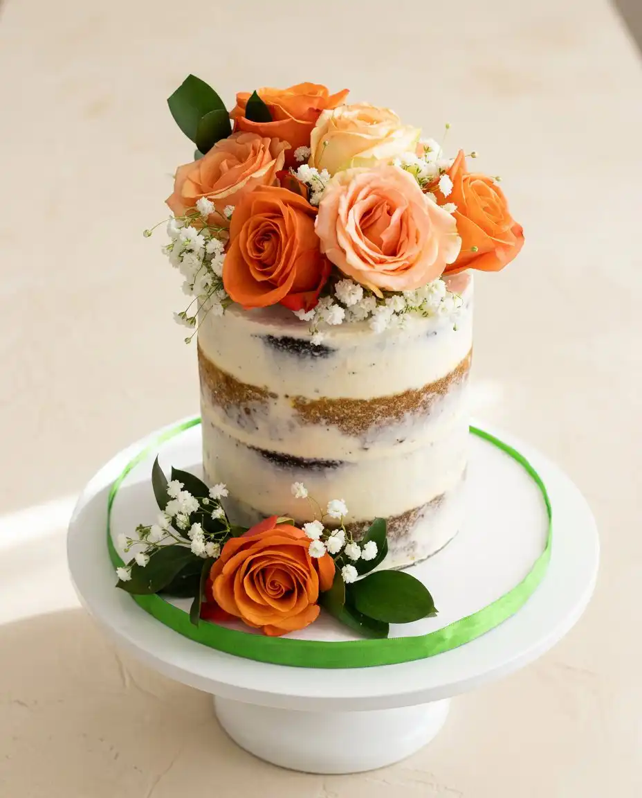 Naked Cake with Fall Flowers 12 A stunning rustic Naked Cake with Fall Flowers displayed on a dark wooden table