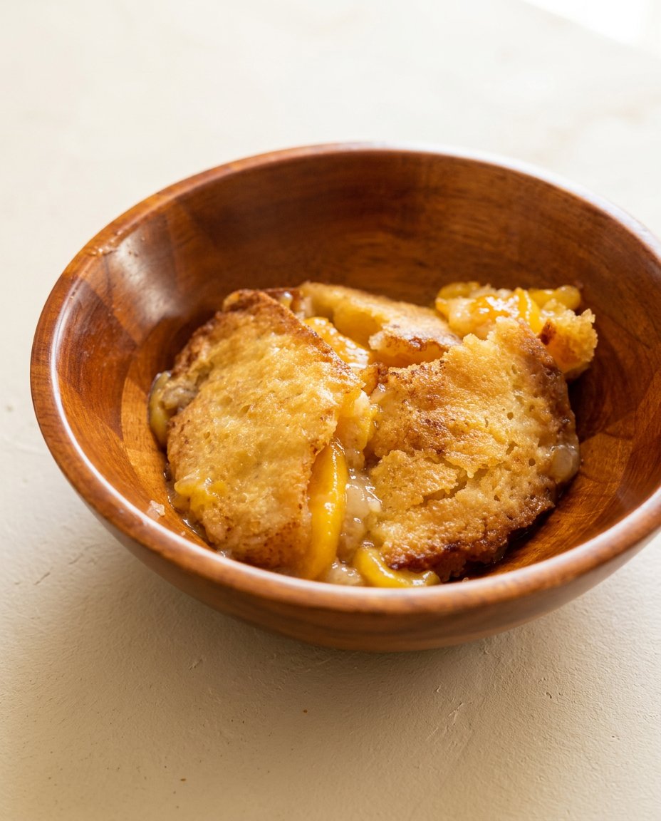 Slices of peach cobbler sheet cake arranged on elegant heirloom china plates next to sweet tea.