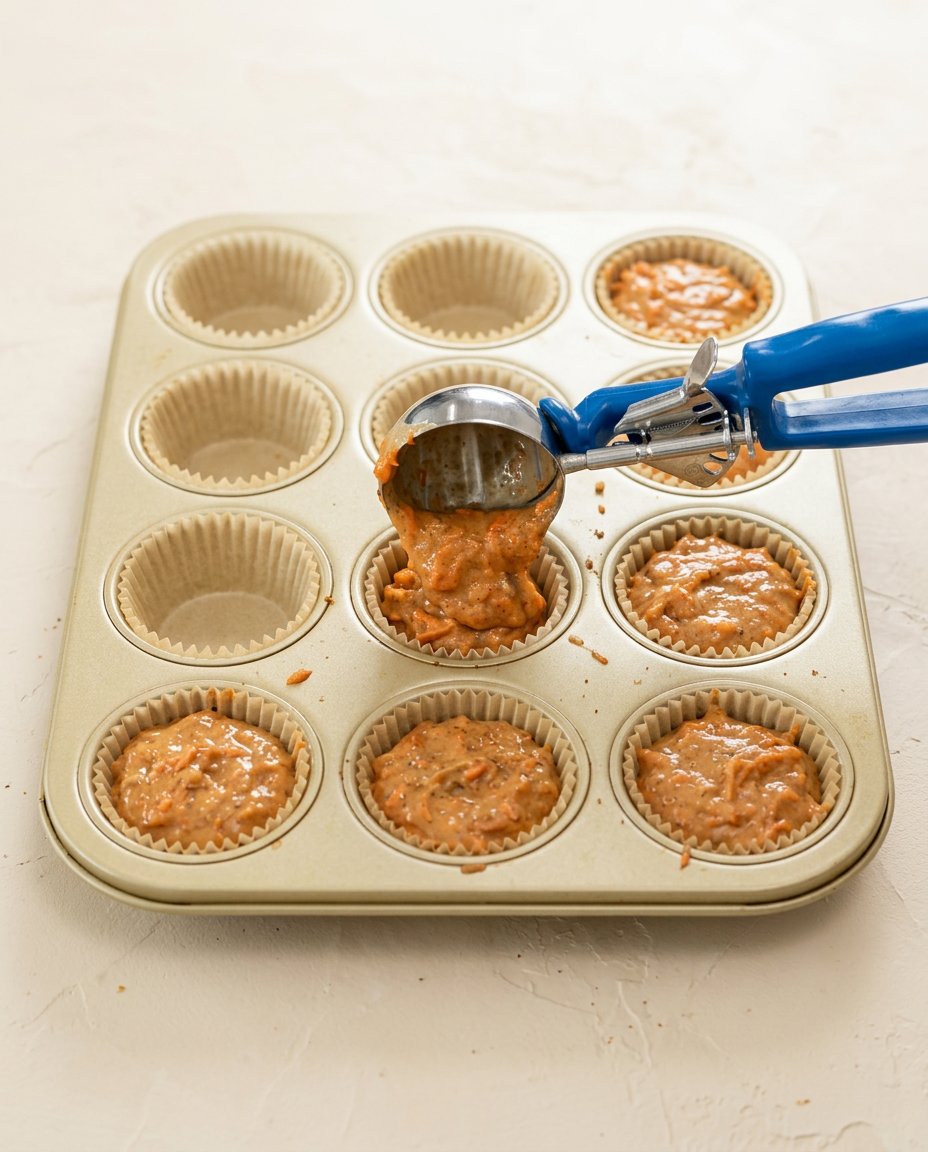 A close-up of piping smooth cream cheese frosting onto Carrot Cake Cupcakes with Cream Cheese Frosting.