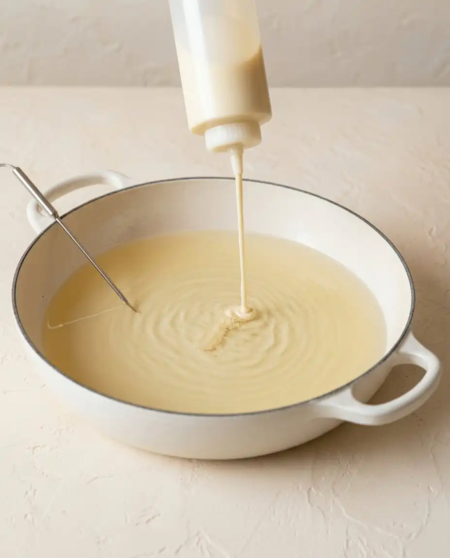 Piping uniform strips of Classic Funnel Cake Fries batter directly into a pot of hot vegetable oil.