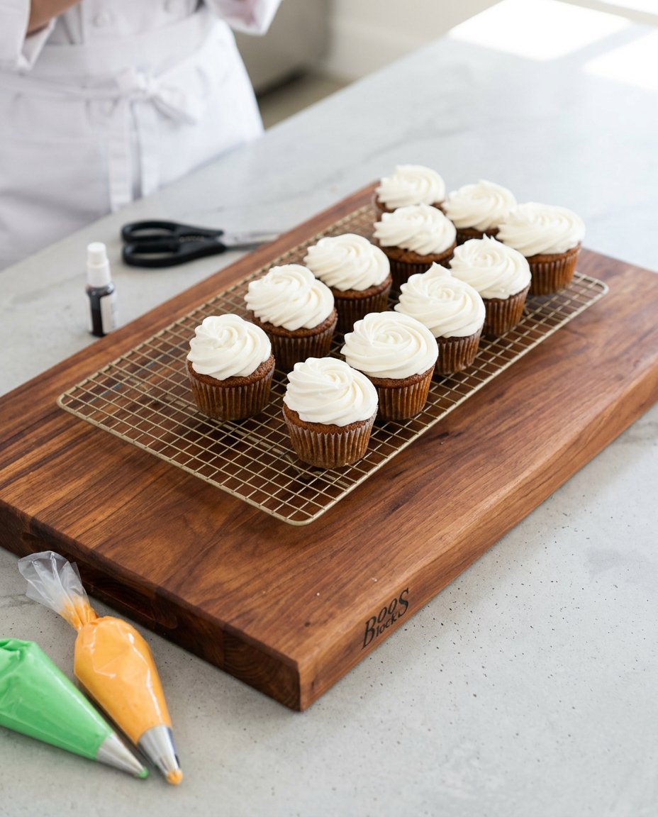 Three decorated Carrot Cake Cupcakes with Cream Cheese Frosting served on a modern white ceramic plate.