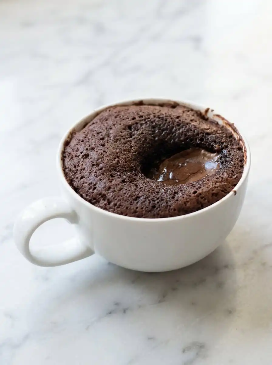 Chocolate Lava Mug Cake 16 A plated Chocolate Lava Mug Cake inverted onto a dessert dish with a scoop of vanilla ice cream.