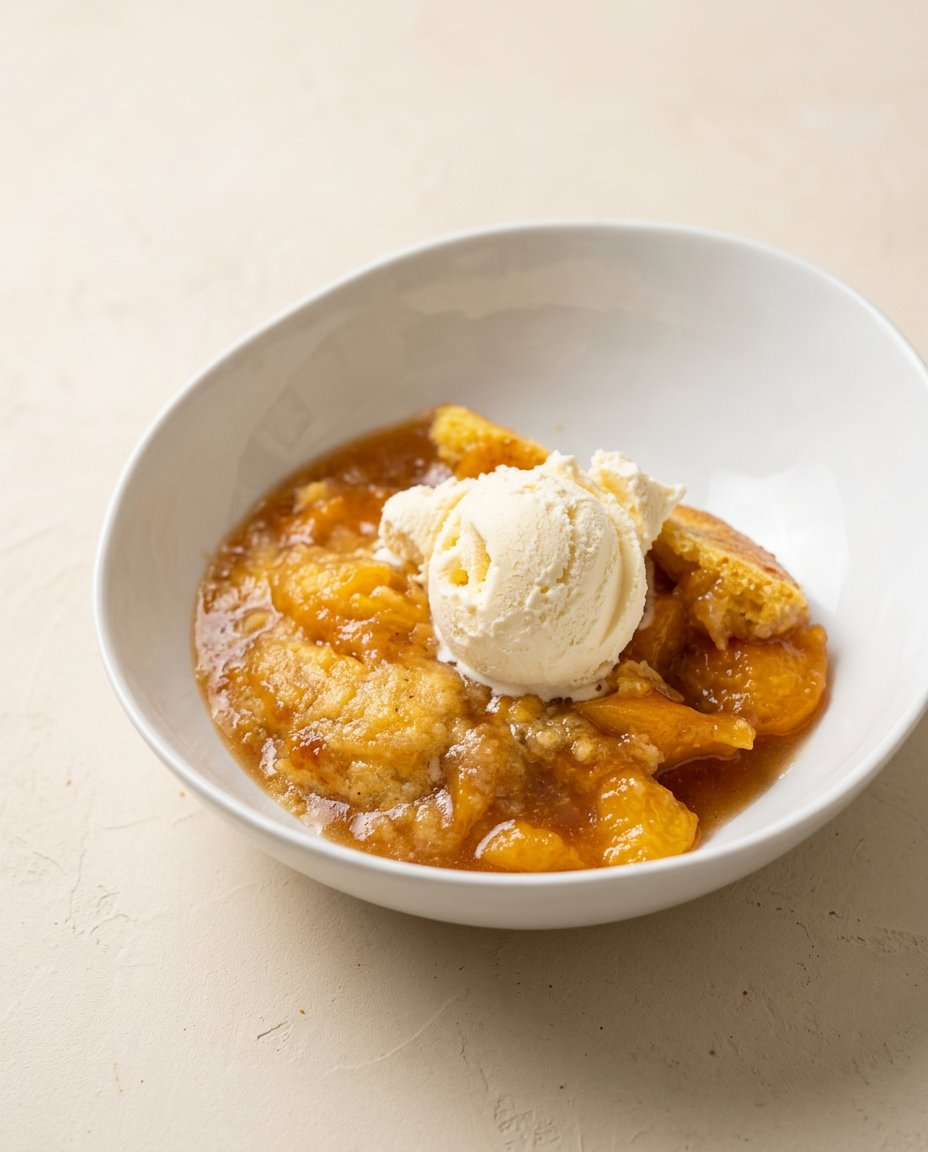 A plated scoop of warm Cinnamon Canned Peach Dump Cake in a shallow white bowl next to ice cream.