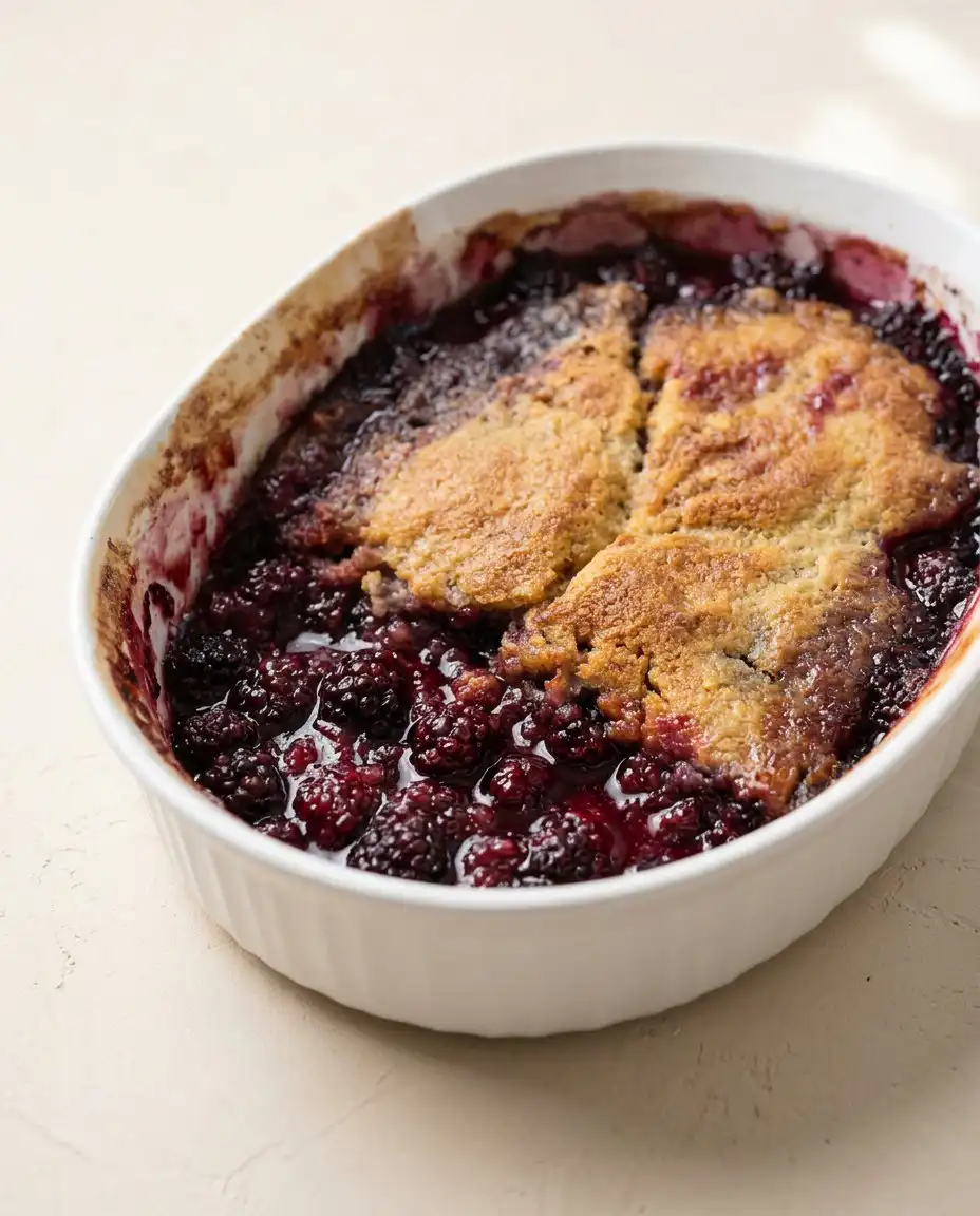 A warm serving of blackberry cobbler dump cake topped with a scoop of vanilla ice cream.