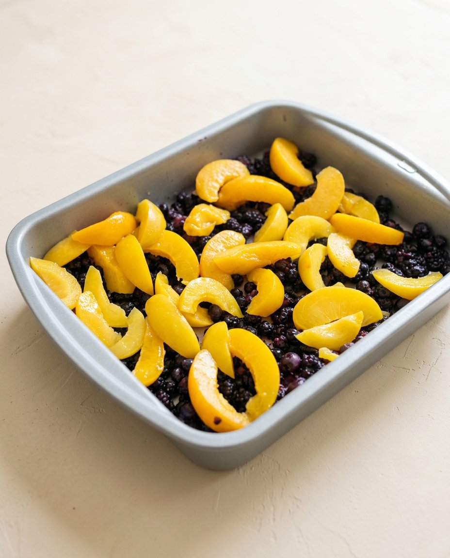 Melted butter being poured over dry yellow cake mix in a baking dish for blackberry peach dump cake