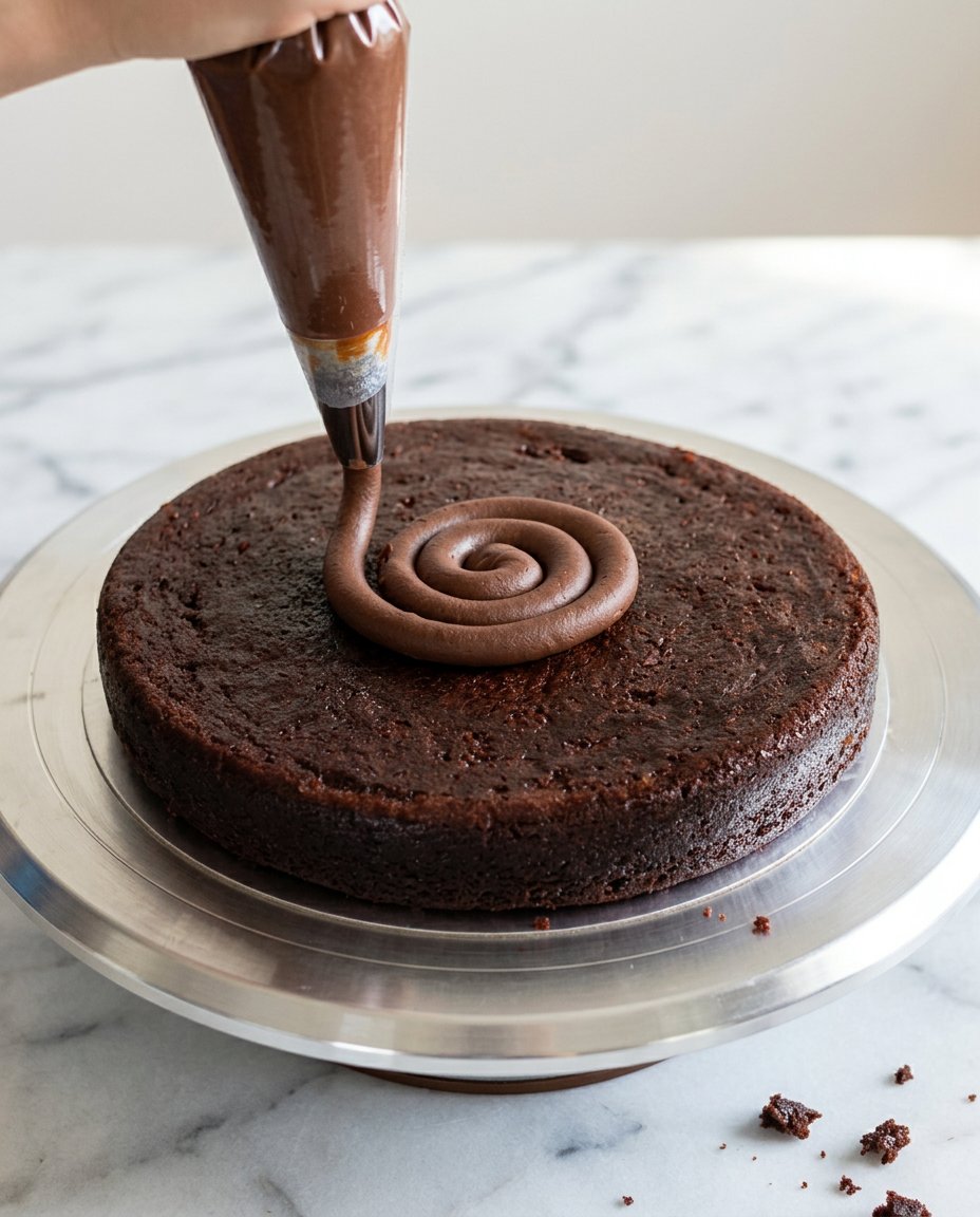 A baker pouring glossy glaze over a chilled chocolate mirror glaze cake foundation on a wire rack.