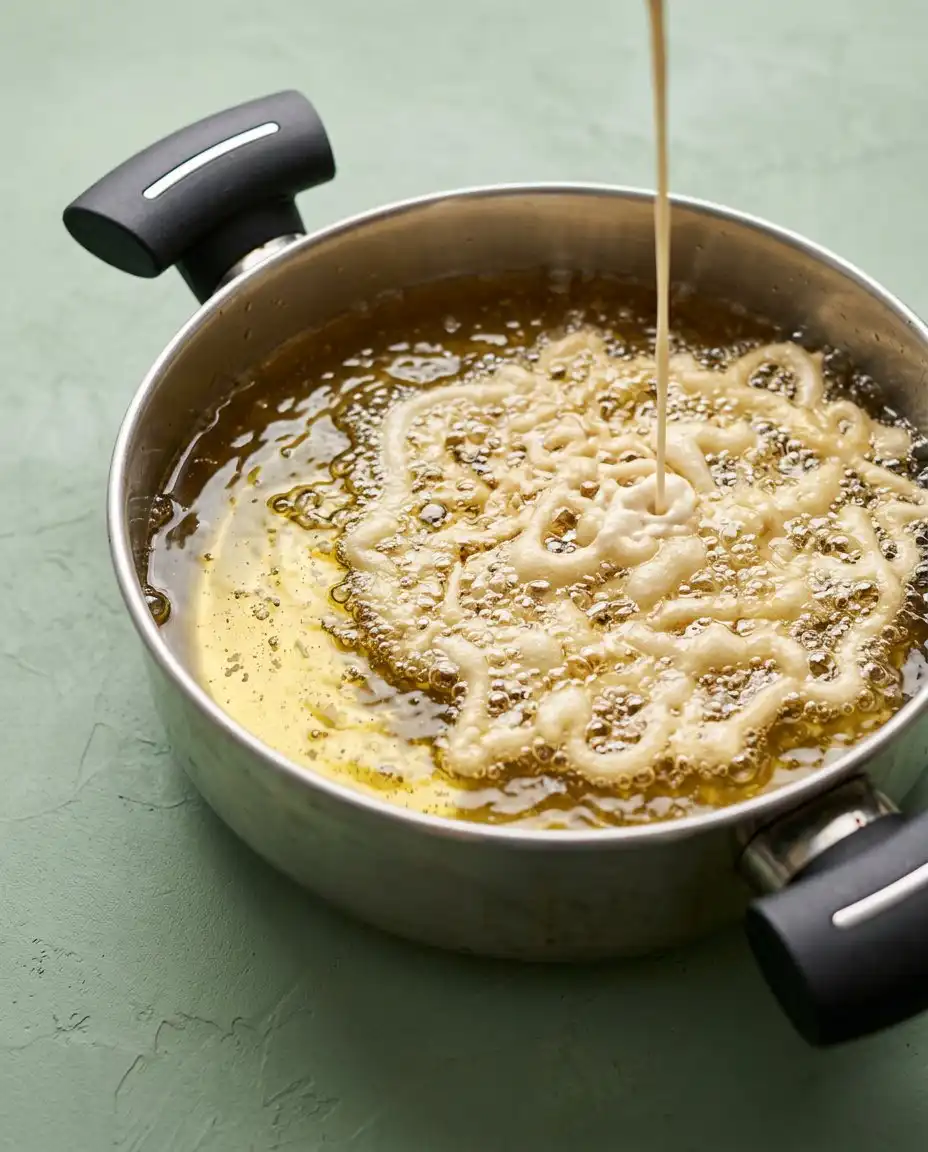 3-Ingredient Funnel Cake 15 Pouring the 3-Ingredient Funnel Cake batter into hot oil using a traditional plastic funnel.