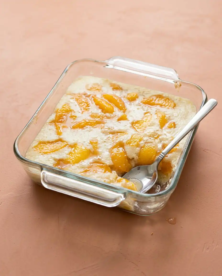 Peach Dump Cake with Frozen Peaches 15 Slicing cold butter over dry cake mix for the Peach Dump Cake with Frozen Peaches recipe.