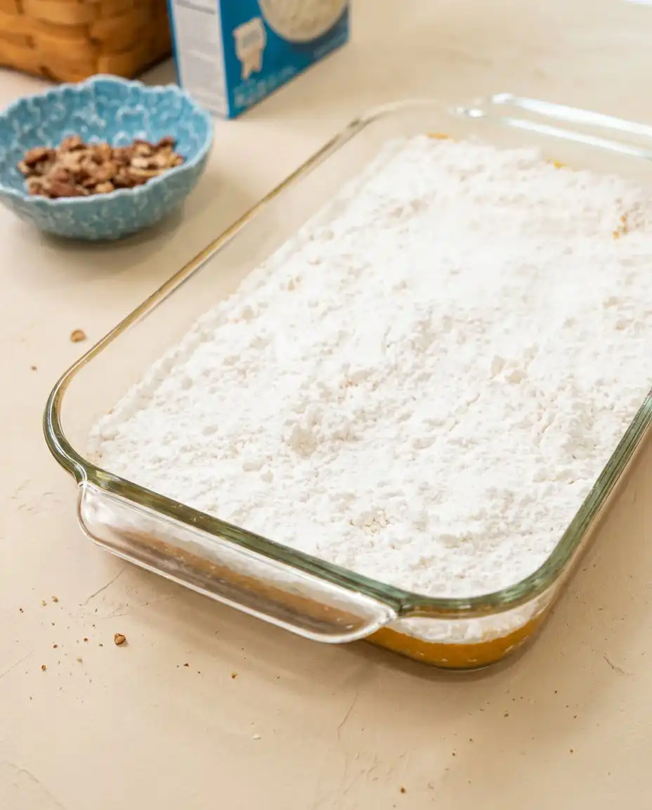 Pouring melted butter evenly over the dry cake mix layer of the Classic Pumpkin Crunch Cake