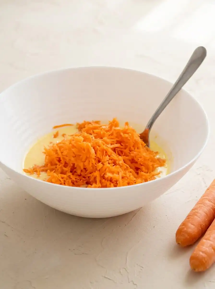 Hand grating fresh carrots over a mixing bowl to make Carrot Cake Muffins with Streusel Topping.