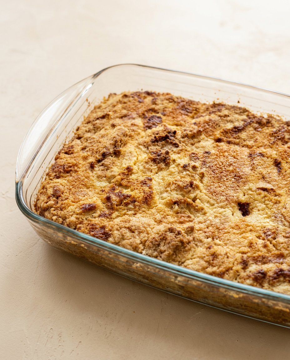 A warm serving of pumpkin dump cake topped with melting vanilla ice cream