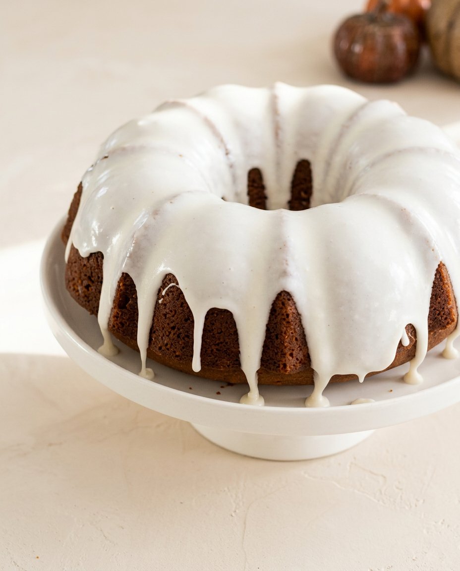 Pumpkin Spice Bundt Cake 12 A golden brown Pumpkin Spice Bundt Cake on a rustic wooden stand topped with white glaze.