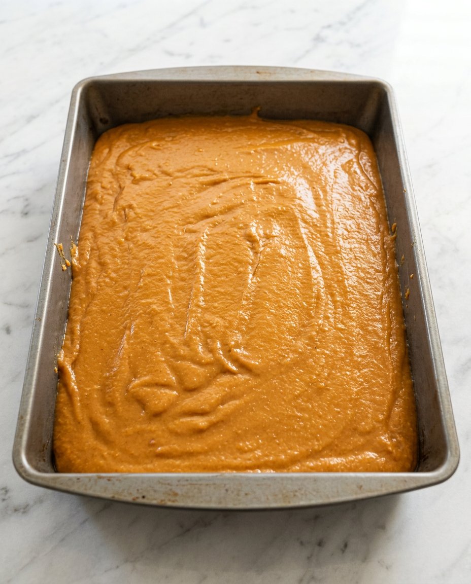 Pumpkin Spice Cake 15 Smooth cream cheese frosting being spread onto a Pumpkin Spice Cake layer.