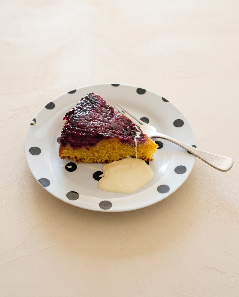 A perfect slice of Blackberry Upside Down Cake showing the thick berry glaze.