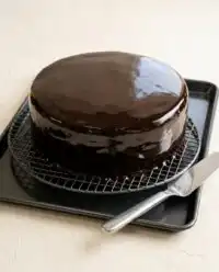 A rustic chocolate mirror glaze cake resting on a wooden windowsill catching late autumn light.