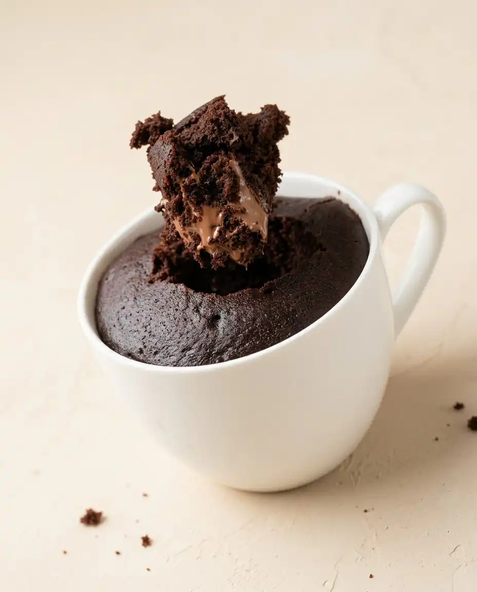 Nutella Mug Cake 12 A warm rustic Nutella Mug Cake sitting on a dark wooden countertop with a linen towel.
