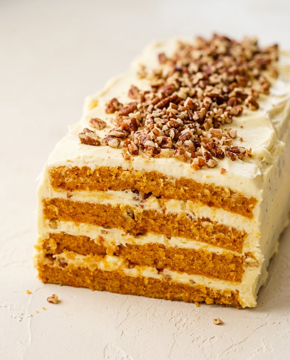 Classic Pumpkin Layer Cake 12 A rustic Classic Pumpkin Layer Cake cooling on a wooden table in an autumn kitchen.