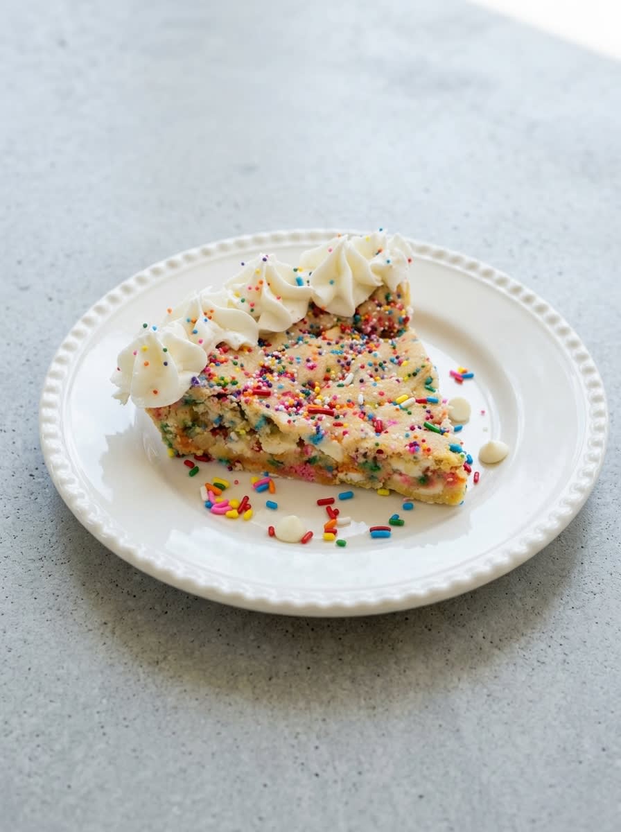 Funfetti Birthday Cookie Cake 12 A rustic Funfetti Birthday Cookie Cake topped with swirls of white buttercream frosting and colorful sprinkles.