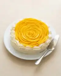 A beautiful rustic Mango Flower Crown Cake decorated with concentric rings of fresh fruit slices.