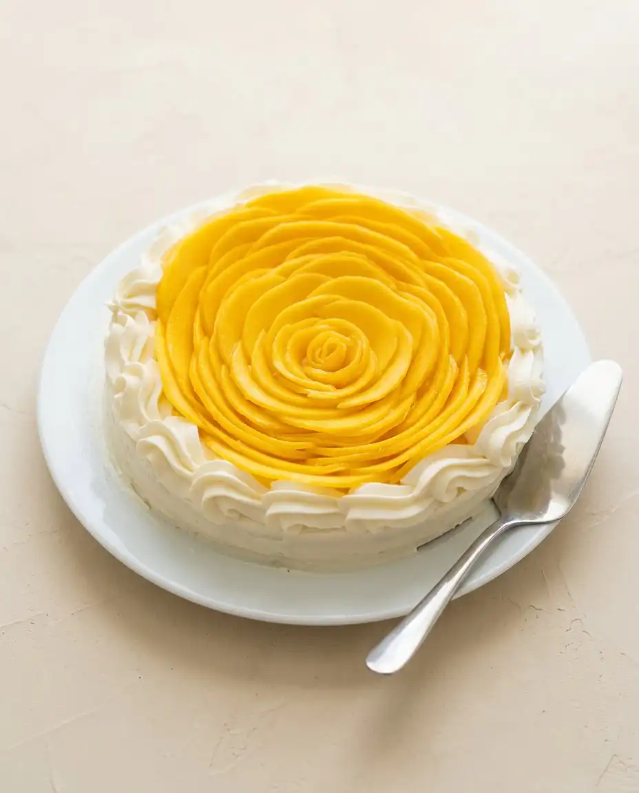 Mango Flower Crown Cake 12 A beautiful rustic Mango Flower Crown Cake decorated with concentric rings of fresh fruit slices.