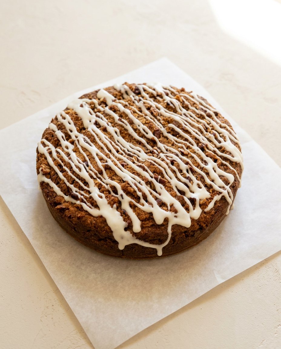 Pecan Streusel Coffee Cake 12 A freshly baked warm pecan streusel coffee cake sits cooling on a rustic farmhouse windowsill in October.