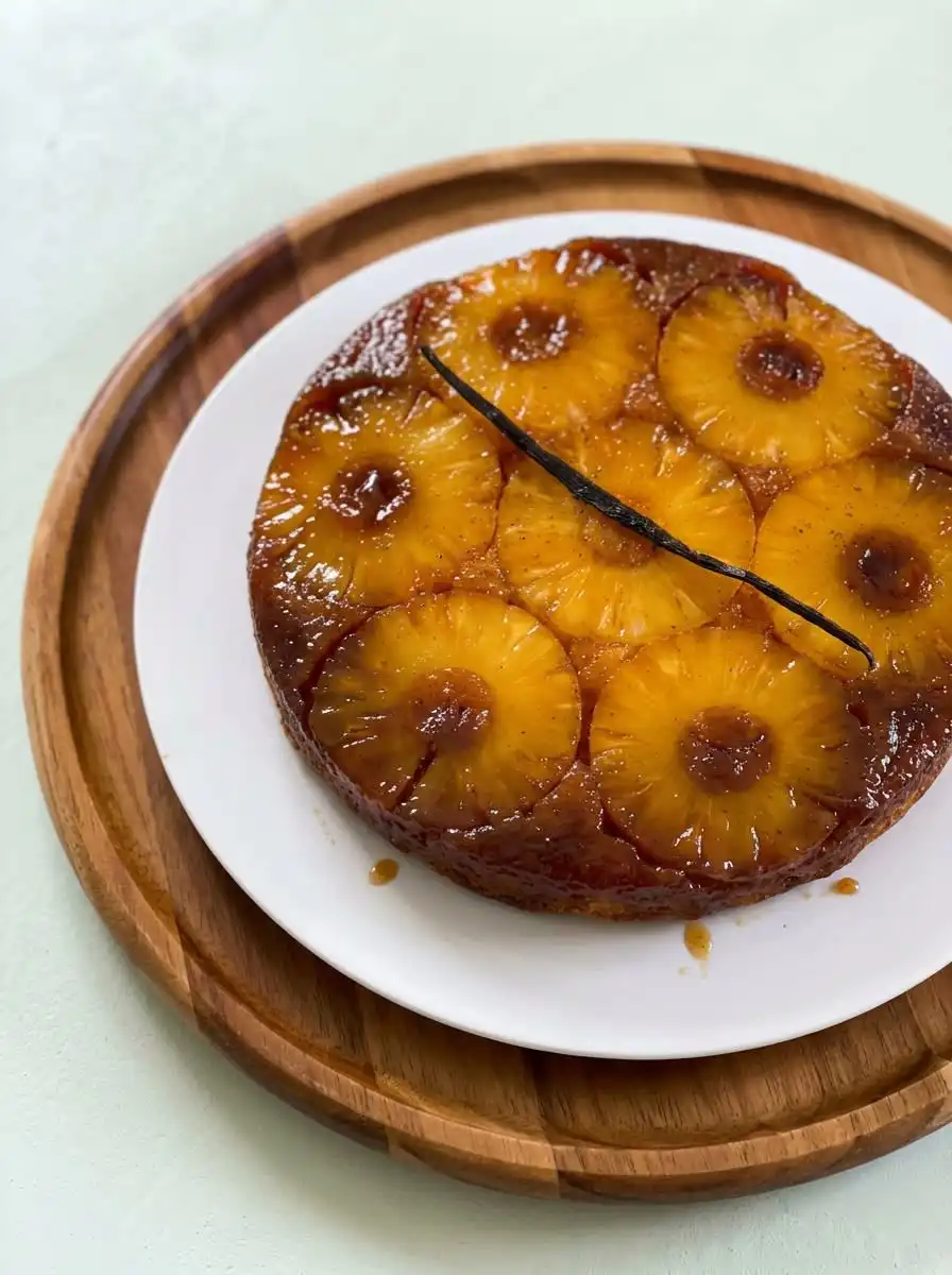Pineapple Upside-Down Cake 12 A rustic golden Pineapple Upside-Down Cake showing its caramelized fruit topping on a vintage plate.