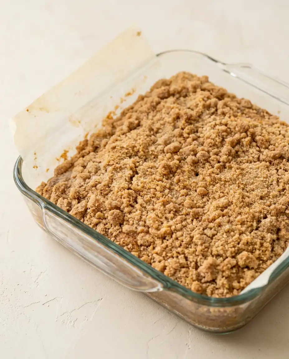 Pumpkin Streusel Coffee Cake 12 Warm rustic pumpkin streusel coffee cake with pecans cooled in a dark baking pan