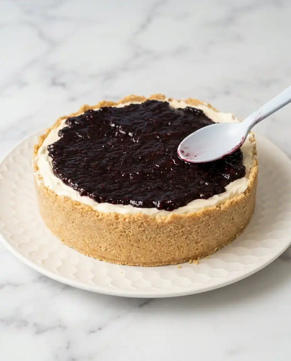 A portion of Blackberry Cream Cheese Cake served on a white dessert plate next to a cup of coffee.