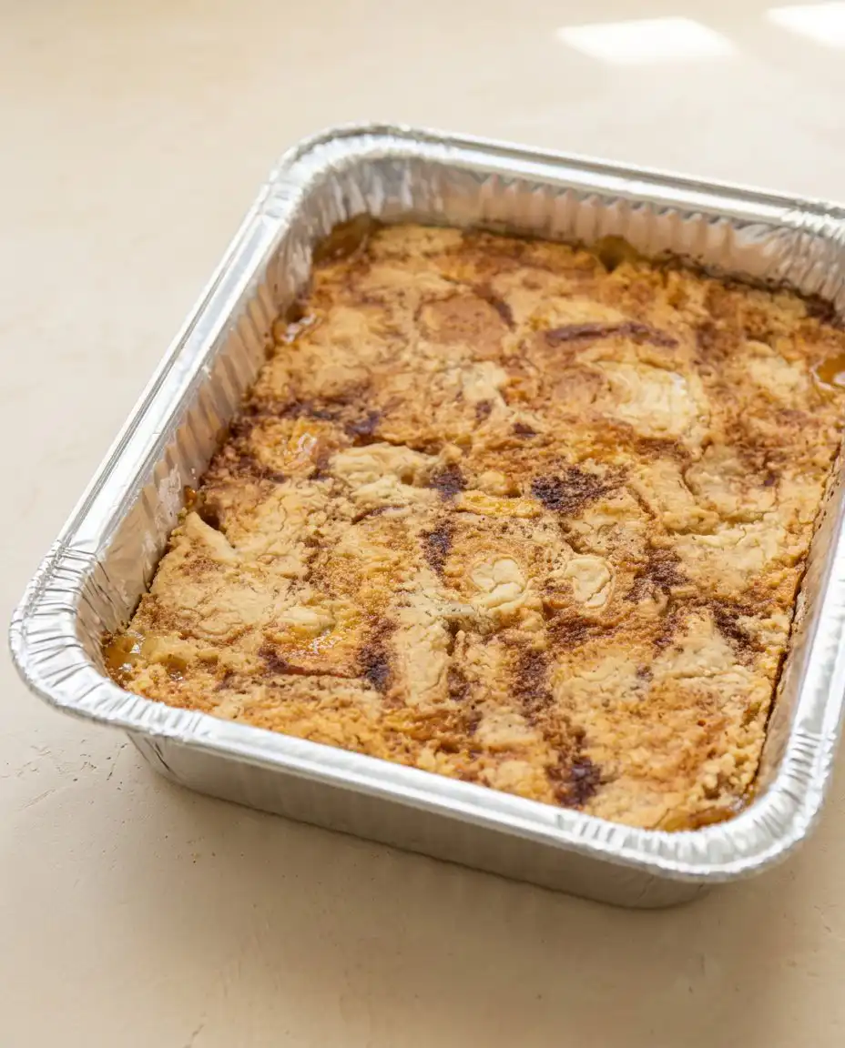 A portion of warm peach cobbler with white cake mix served in a vintage white bowl with ice cream.