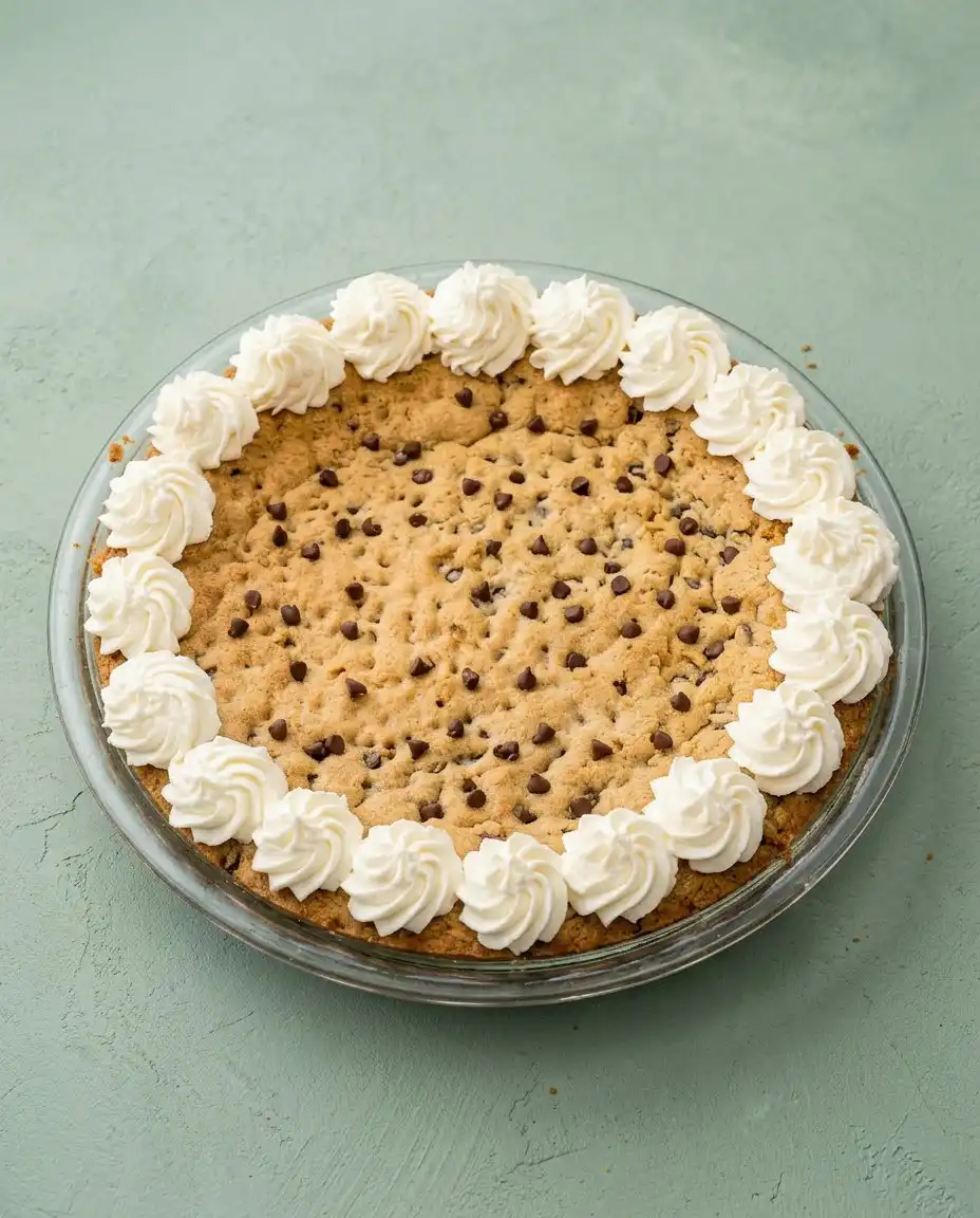 A delicious slice of classic chocolate chip cookie cake served warm with vanilla bean ice cream.