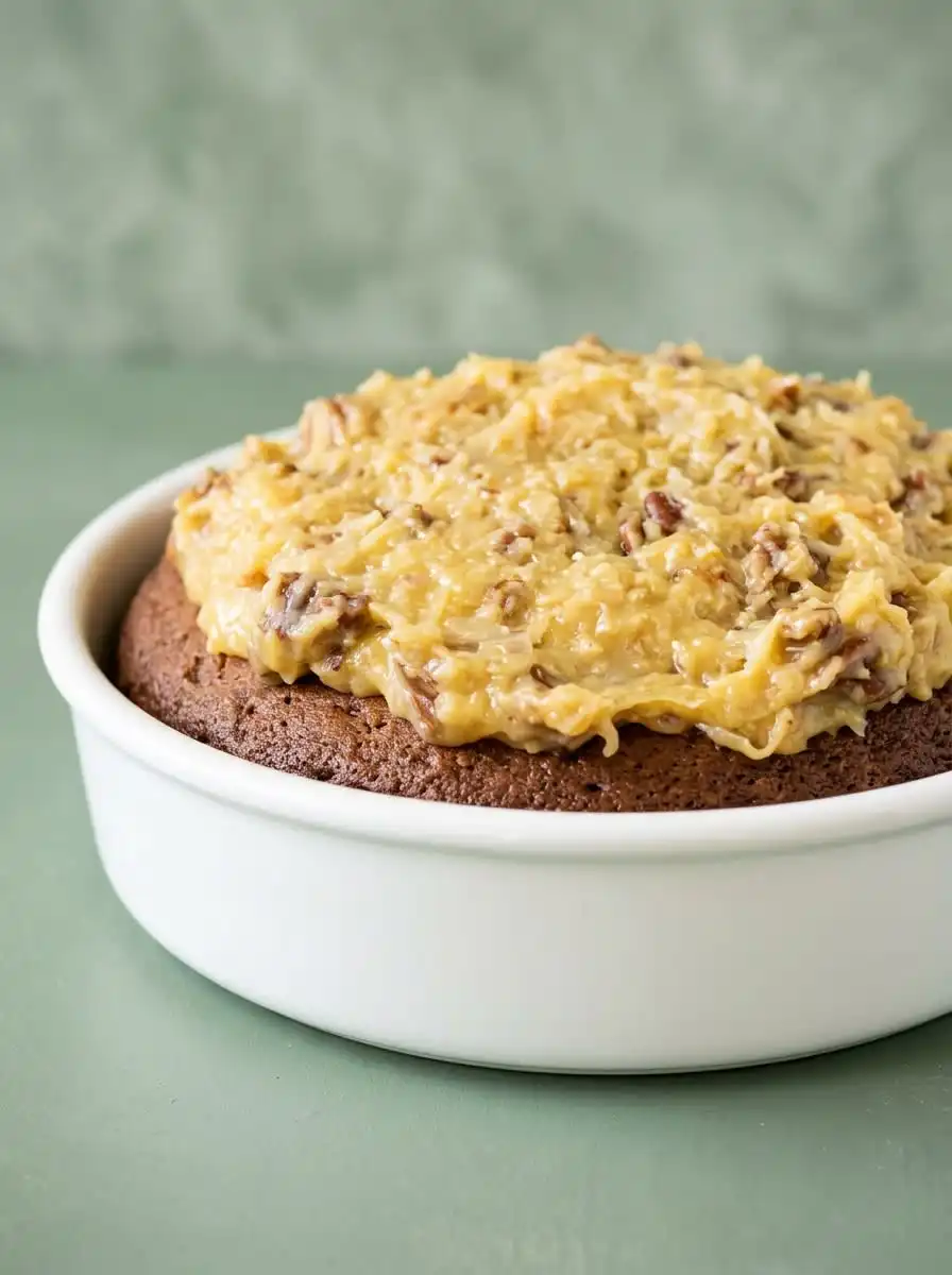 A clean slice of Classic German Chocolate Cake with Coconut Pecan Frosting being served