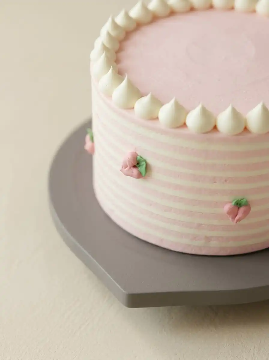 A perfect slice of peach watercolor cake design showing the light mousse layers inside.