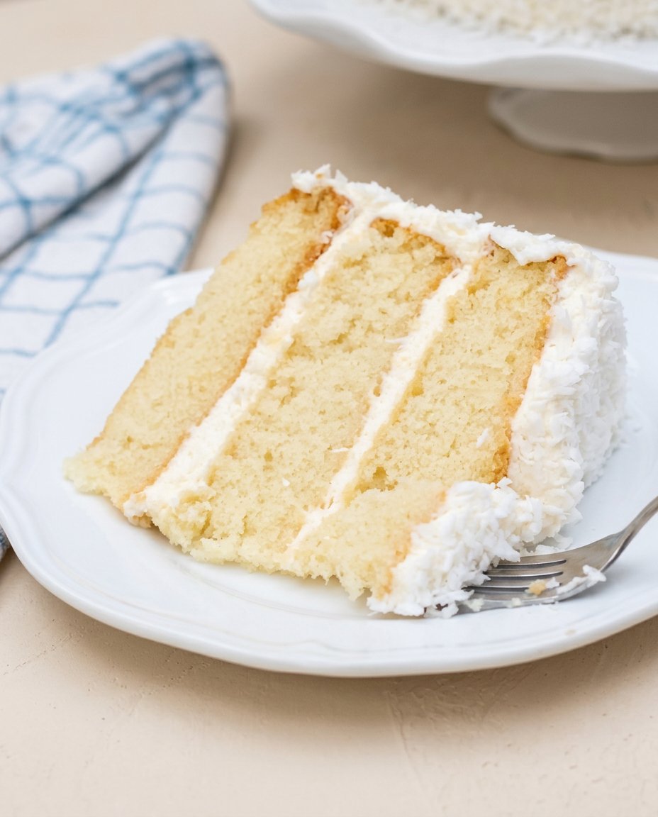 Three-Layer Coconut Cream Cake 16 A single slice of Three-Layer Coconut Cream Cake served with fresh berries