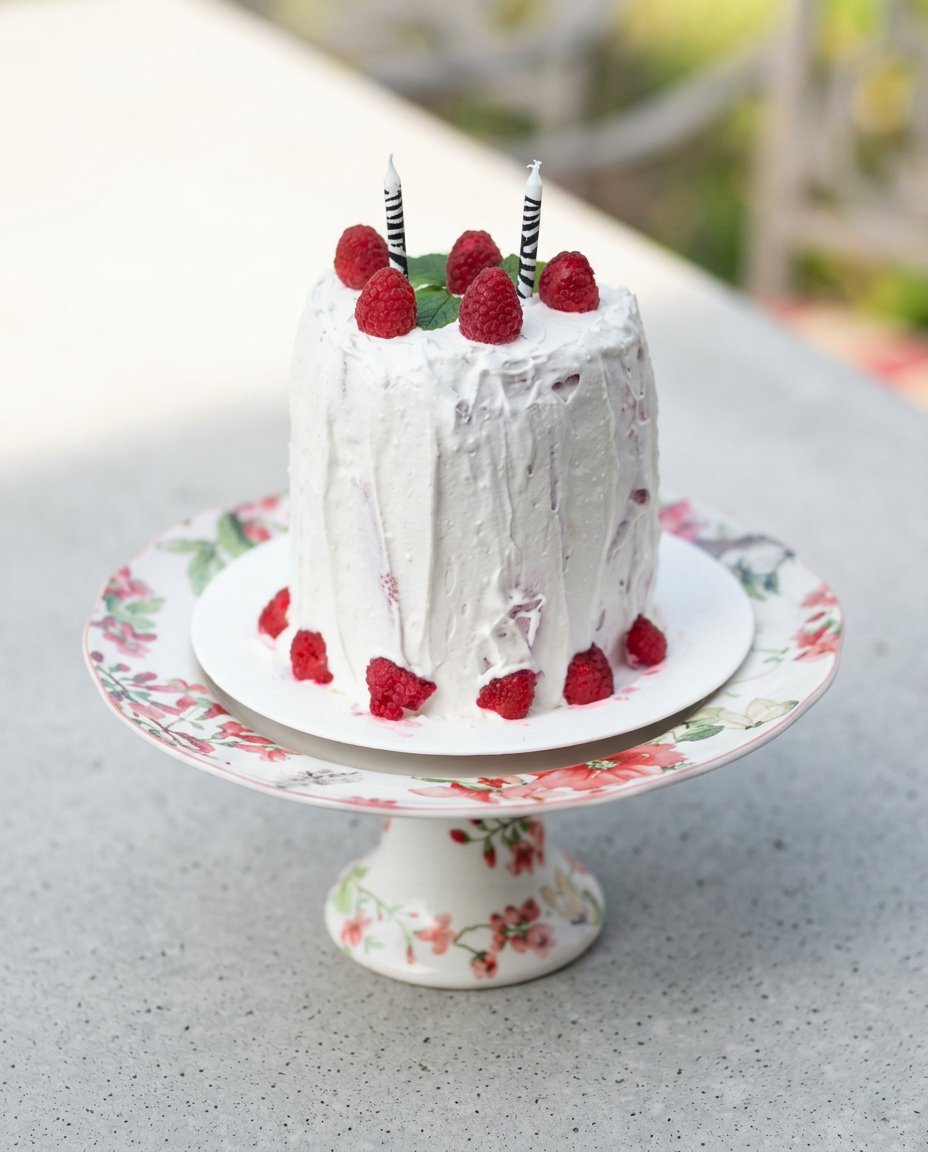 A wedge of Watermelon Cake with Whipped Coconut Frosting being served on a white farmhouse plate.