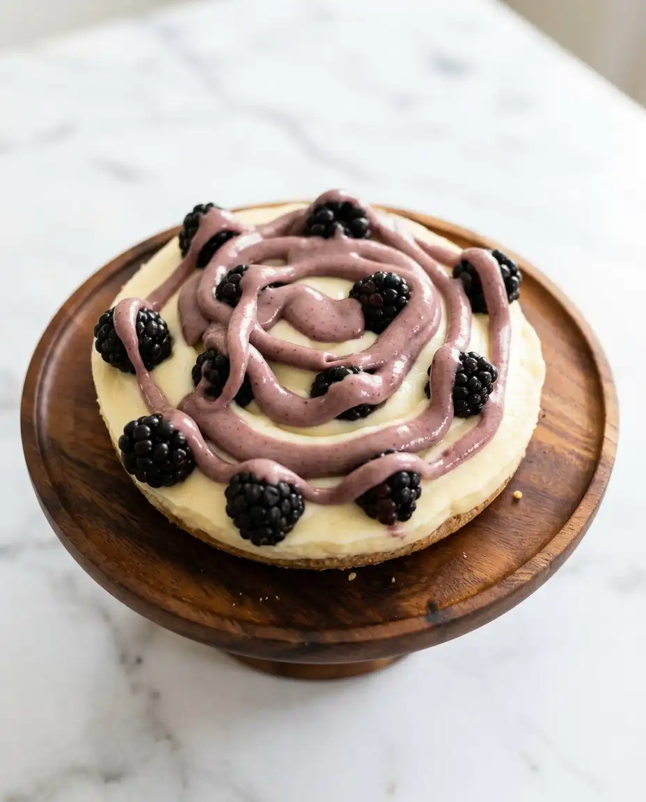 A stunning three layer Blackberry Vanilla Cake decorated with fresh flowers on a classic glass cake stand.