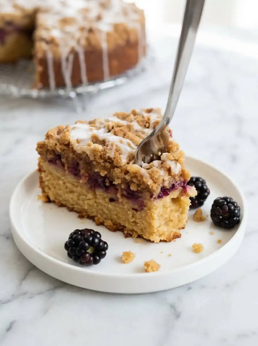 A slice of Blackberry Coffee Cake served next to a steaming mug of hot coffee.