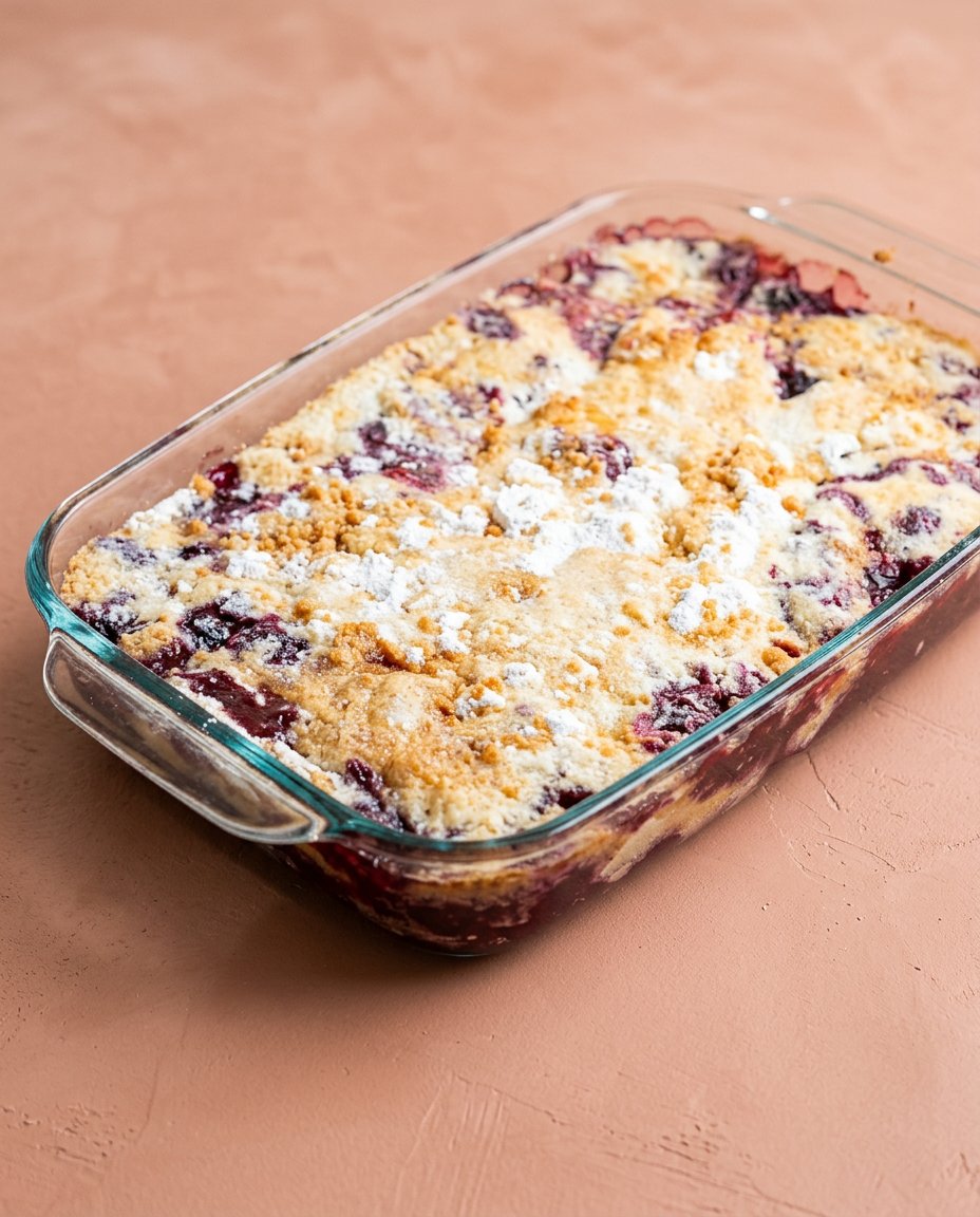 Blackberry Dump Cake with Butter Pecan Cake Mix 16 Warm Blackberry Dump Cake with Butter Pecan Cake Mix topped with vanilla ice cream in a white bowl.