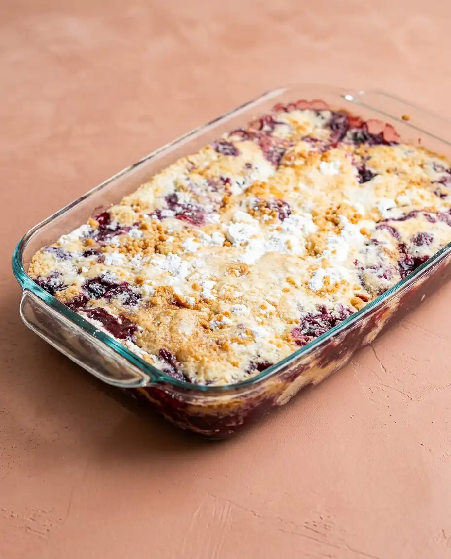 Warm Blackberry Dump Cake with Butter Pecan Cake Mix topped with vanilla ice cream in a white bowl.