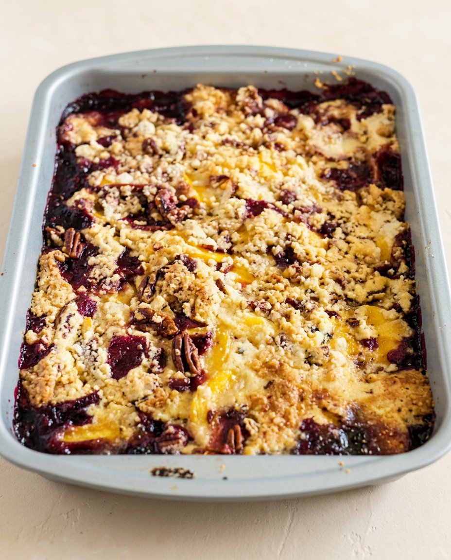A warm scoop of blackberry peach dump cake served in a bowl with melting vanilla ice cream