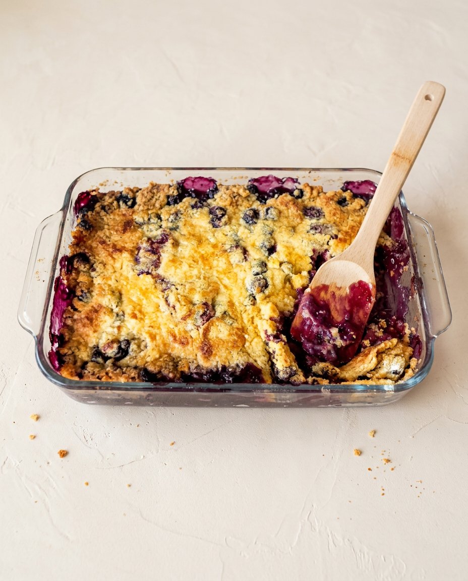 A warm portion of 3-Ingredient Blueberry Dump Cake served with a scoop of melting vanilla ice cream.