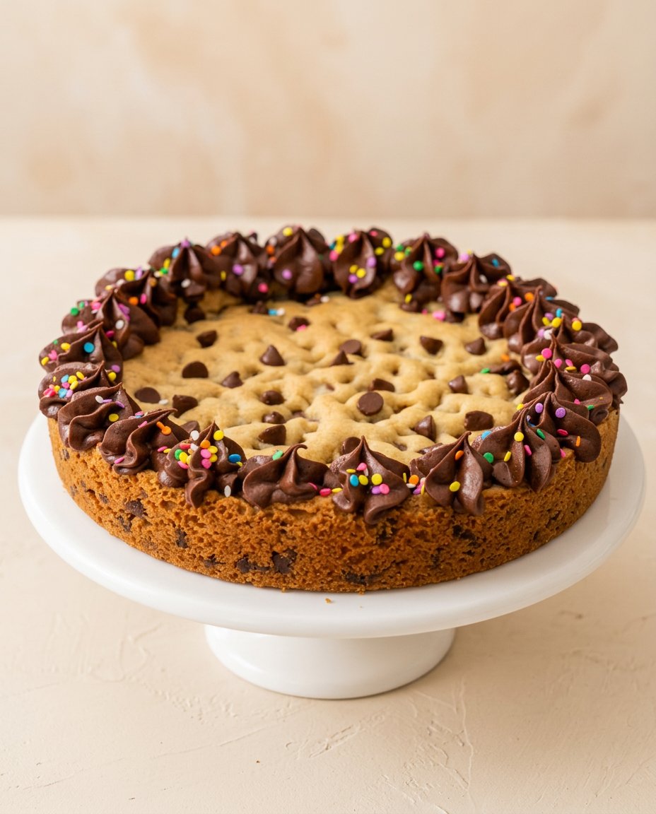 A slice of brown butter chocolate chip cookie cake served with a scoop of vanilla ice cream.
