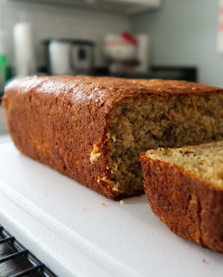 A slice of Cake Mix Banana Bread served with a pat of melting butter on a white plate.