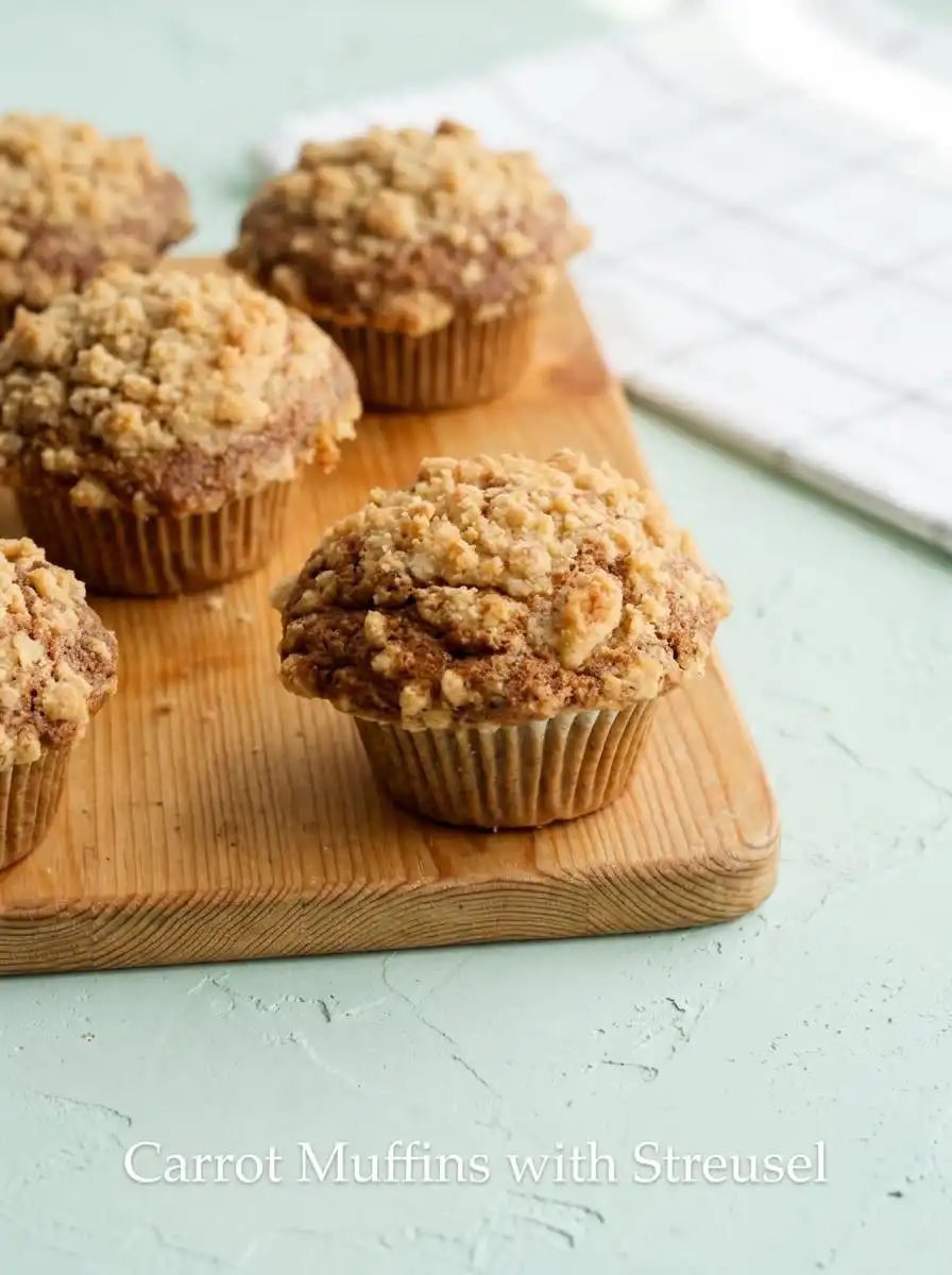 A rustic breakfast setting with a Carrot Cake Muffins with Streusel Topping broken open next to butter and hot coffee.