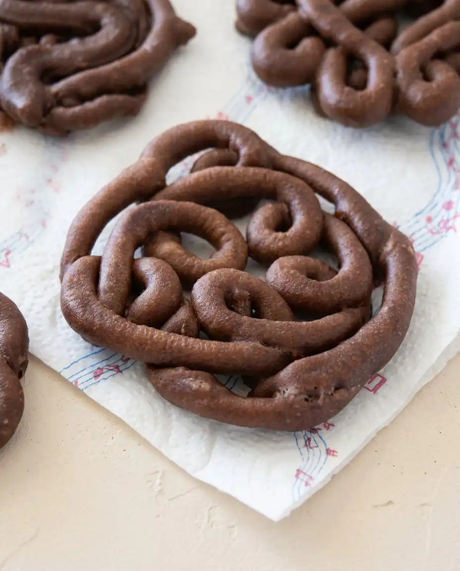 A beautiful Chocolate Funnel Cake dusted with powdered sugar on a plain white plate.