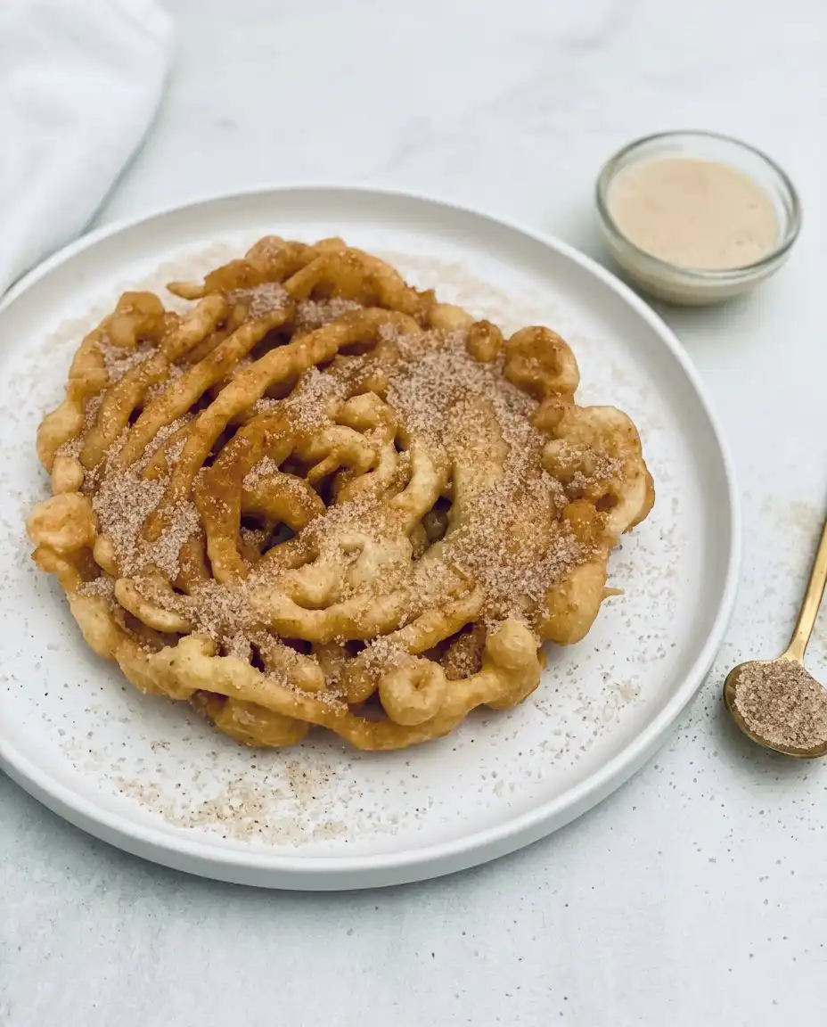 Serving cinnamon sugar funnel cake bites alongside a steaming mug of hot apple cider on a wooden table.
