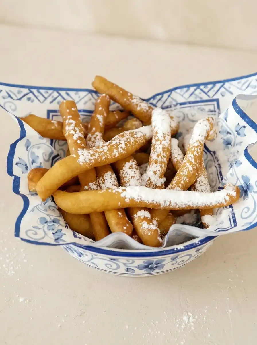A plate of Cinnamon Sugar Funnel Cake Fries served with a small bowl of caramel sauce.
