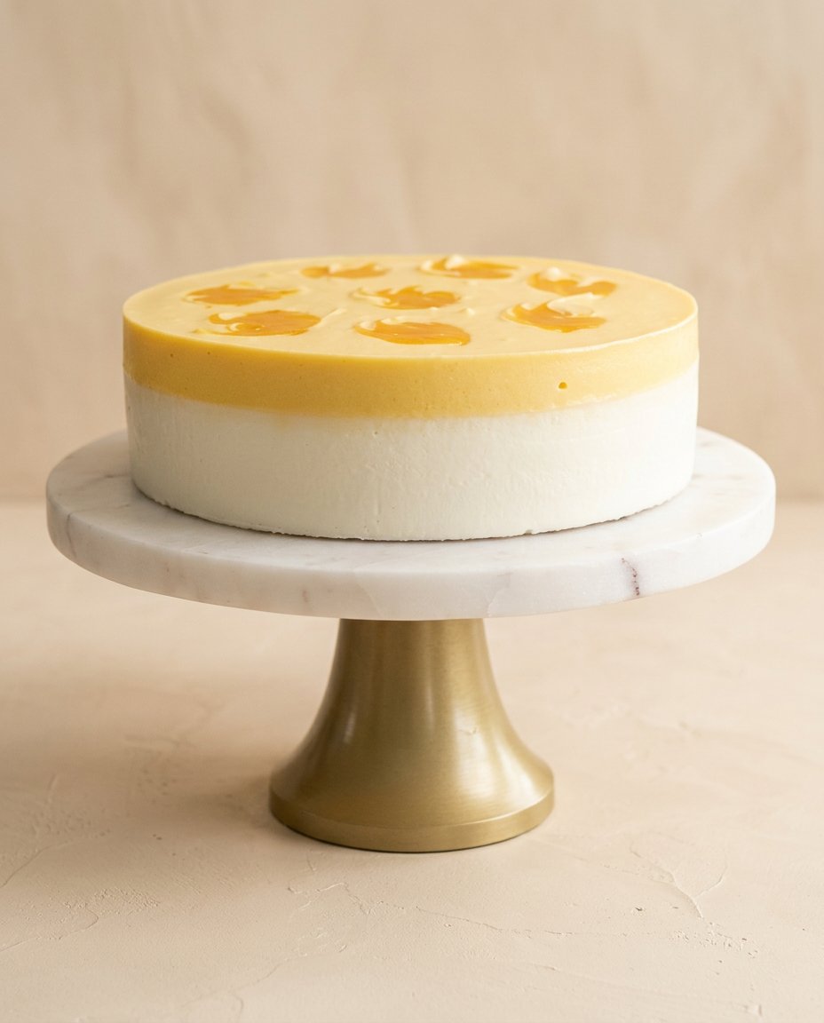 Classic Mango Mousse Cake 16 A slice of Classic Mango Mousse Cake served on a vintage floral plate with a fork.